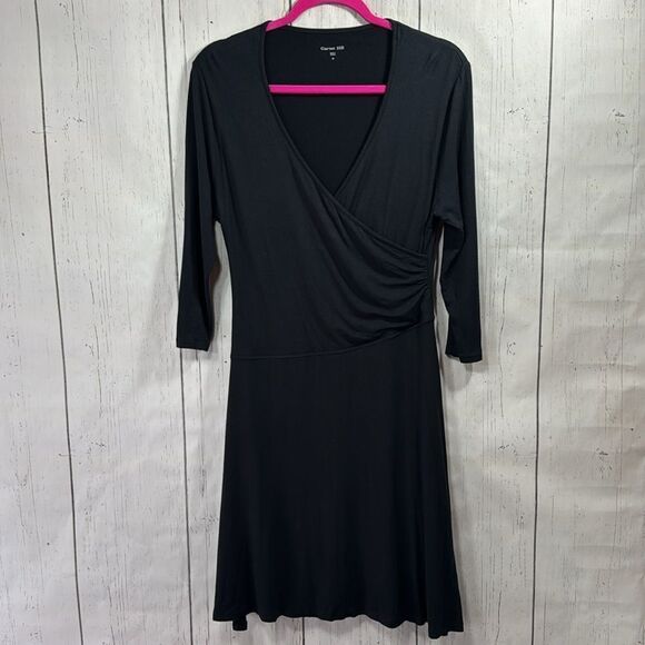 Garnet Hill Black Faux Wrap Dress Quiet Luxury Classic Minimalist 3/4 Sleeve - Picture 5 of 15